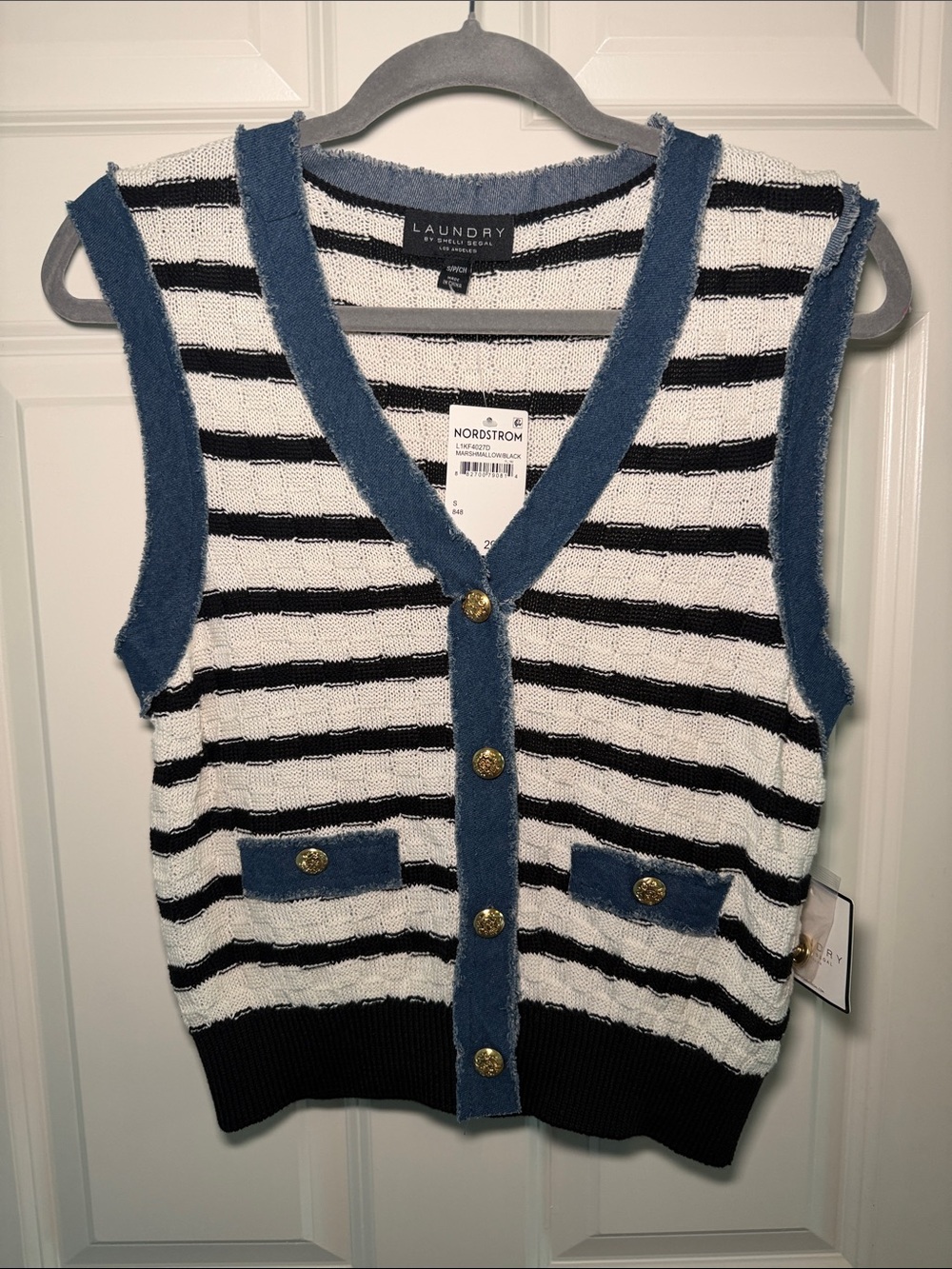 Laundry By Shelli Segal Black and White Striped Knit Vest with Blue Trim